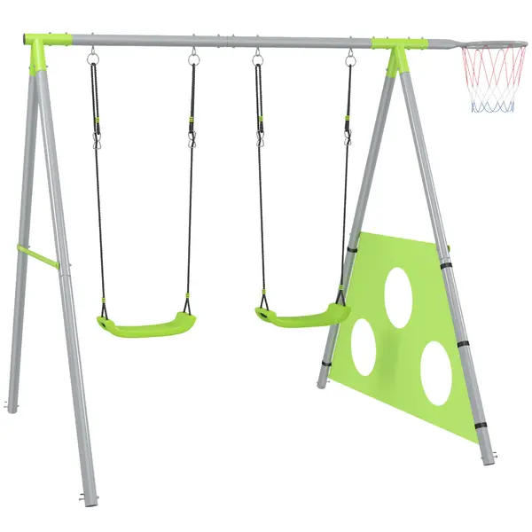 AIYAPLAY Leagăn de Grădină 3 în 1 pentru Copii 3-8 Ani cu Coș de Baschet și Poartă de Fotbal, 238x180x182 cm, Verde | Aosom Romania