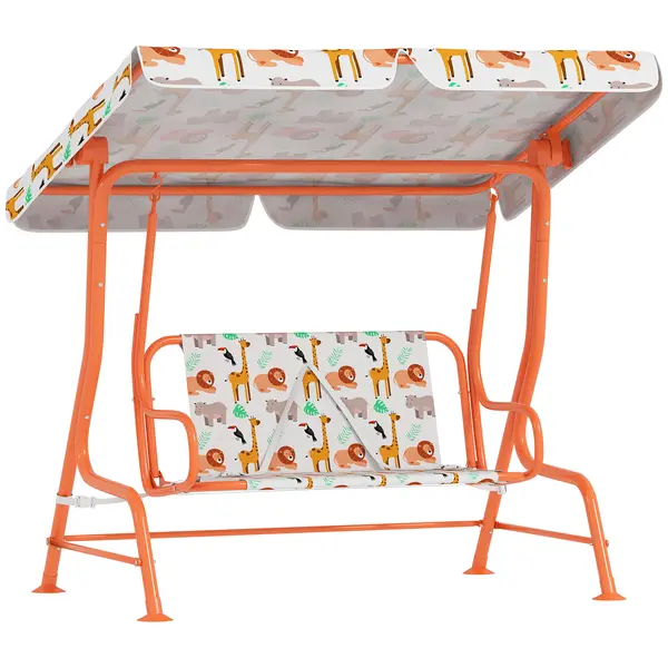 AIYAPLAY Leagăn pentru Copii cu 2 Locuri, Acoperiș Reglabil și Curele de Siguranță, Leagăn pentru Grădină și Interior din Oțel și Material Oxford, Max 60 kg, 112x75x120 cm, Portocaliu | Aosom Romania