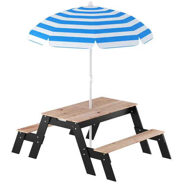 AIYAPLAY Masă de picnic pentru copii cu parasolar, set de grădină din lemn 3 în 1 pentru copii 3-6 ani cu 2 cutii, natural | Aosom Romania