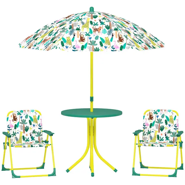 AIYAPLAY Masă de Picnic pentru Copii, Set Masă și Două Scaune Pliabile cu Umbrelă Demontabilă, Tematică Jungle, Mobilier de Exterior pentru Grădină, Terasă, Verde | Aosom Romania