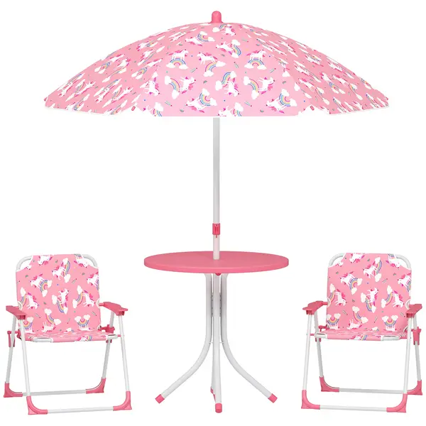 AIYAPLAY Masă de Picnic pentru Copii, Set Masă și Scaune cu 2 Scaune Pliabile și Umbrelă Detasabilă, Temă Junglă, Mobilier de Exterior pentru Grădină, Patio, Roz | Aosom Romania