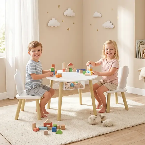 AIYAPLAY Masă pentru copii cu scaune și spațiu de depozitare, set de mobilier pentru copii 3 piese în alb și natural pentru camera de joacă și dormitor | Aosom Romania