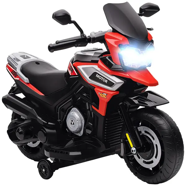 AIYAPLAY Motocicletă Electrică pentru Copii 18-36 Luni, 6V Motocicletă Electrică pentru Copii cu Roți Detașabile, Faruri, Muzică, 2.4 km/h Mini Motocicletă cu Far, Max 30kg, Roșu | Aosom Romania