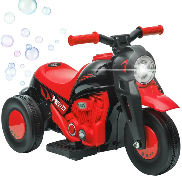 AIYAPLAY Motocicletă electrică pentru copii 2-5 ani, 3 roți, 6 V, 3 km/h, cu funcție de bule, efecte luminoase și sonore, roșu | Aosom Romania