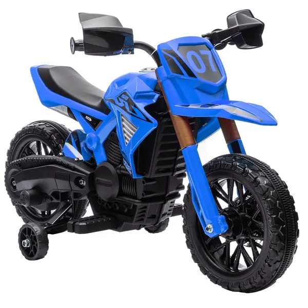 AIYAPLAY Motocicletă electrică pentru copii 3-8 ani, cu 2 motoare 12V, roți ajutătoare și claxon, 3 km/h, 30 kg, albastru | Aosom Romania