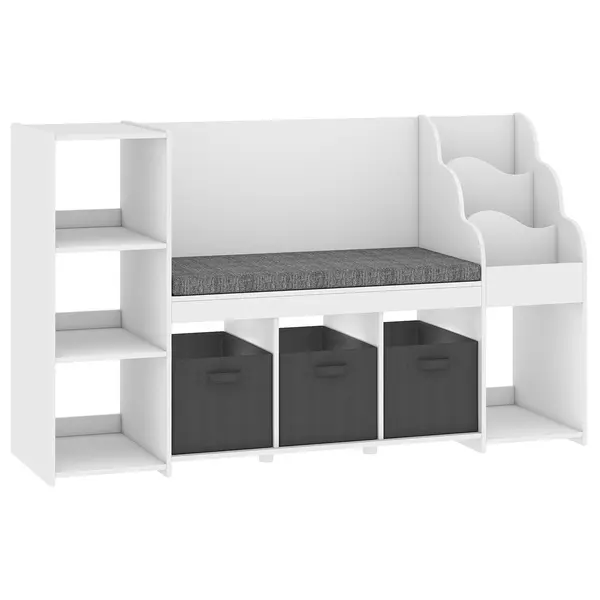 AIYAPLAY Raft Depozitare Jucării Copii 3-8 Ani cu Bibliotecă pe 3 Niveluri, 3 Sertare, 4 Compartimente, Pernă, Alb | Aosom Romania