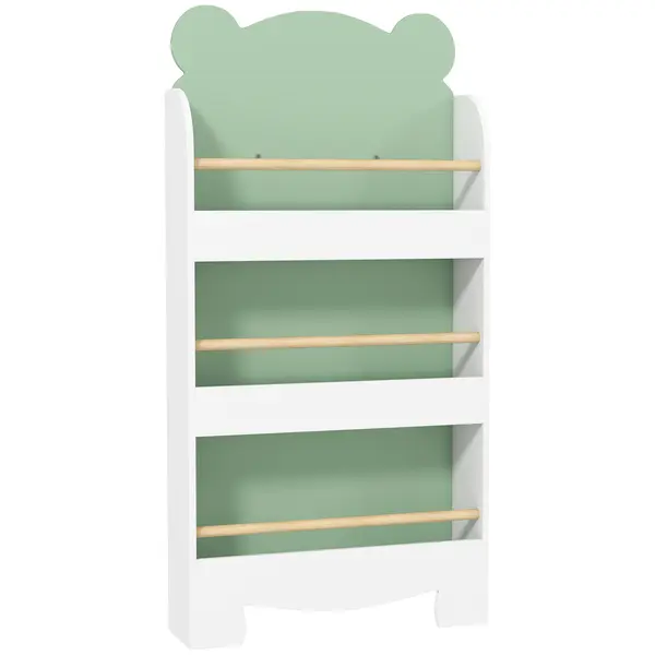 AIYAPLAY Raft pentru cărți copii, raft pentru copii cu 3 niveluri cu temă urs pentru cărți și jucării, 55 x 15 x 110 cm, Verde | Aosom Romania