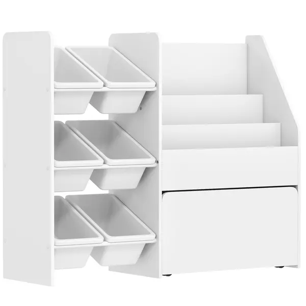 AIYAPLAY Raft pentru jucării cu 6 coșuri, 3 rafturi, din lemn, plastic și oțel, 100x30x80 cm, alb | Aosom Romania