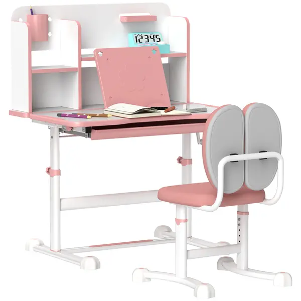 AIYAPLAY Set Birou pentru Copii 3-12 Ani Reglabil pe Înălțime și Blat Înclinabil la 45°, 80x55x107.5 cm, Culoare Roz | Aosom Romania