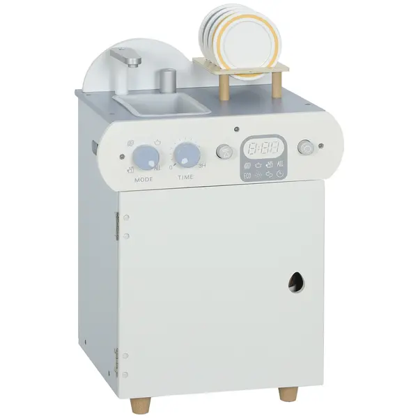 AIYAPLAY Set bucătărie cu chiuvetă, mașină de spălat vase din lemn pentru copii, 32 piese accesorii, MDF, pentru copii de la 3 ani, albastru deschis | Aosom Romania