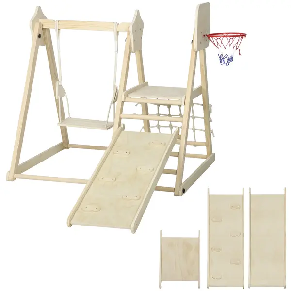 AIYAPLAY Set de Cățărare 5 în 1 cu Tobogan, 2 Pereți de Cățărare, Leagăn și Coș de Baschet, din Lemn, 140x172.5x116.5 cm | Aosom Romania