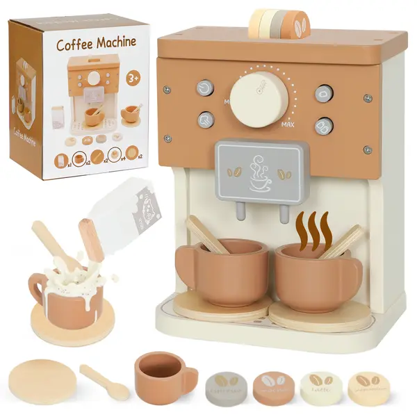 AIYAPLAY Set de joacă cu mașină de cafea din lemn, pentru copii de 3 ani cu accesorii, Maro | Aosom Romania