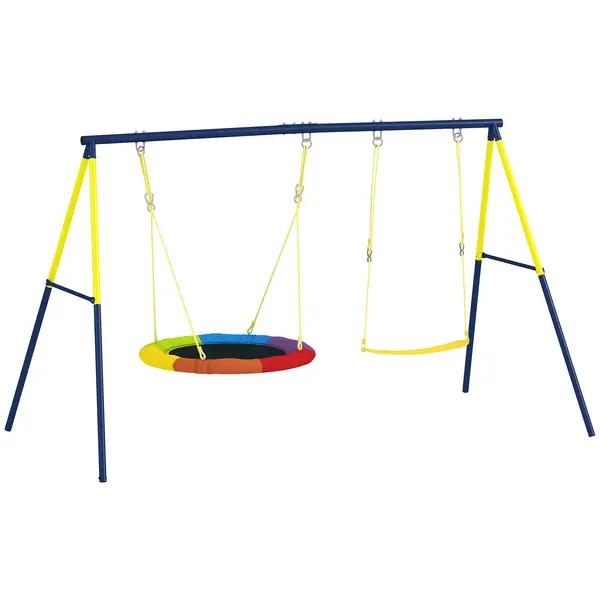 AIYAPLAY Set de Leagăne pentru Copii cu Două Tipuri de Leagăne, Loc de Joacă Exterior cu Corzi Reglabile, Structură din Metal pentru Vârsta 3-8 Ani, Capacitate 150kg, Multicolor | Aosom Romania