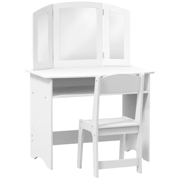 AIYAPLAY Set de Machiaj pentru Fetițe de 3-6 ani cu Oglindă Triplă Detașabilă și Scaun din Lemn, 80x49x108 cm, Alb | Aosom Romania