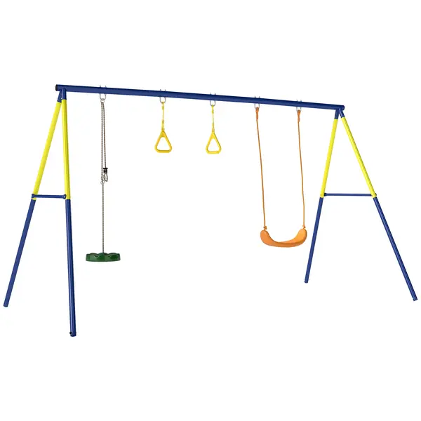 AIYAPLAY Set Leagăn de Grădină 3 în 1 pentru Copii cu Leagăn în Picioare, Inele Gimnastice, Cadru A din Oțel, Leagăne Duble pentru Copii, Capacitate 150kg, Exterior, 3-8 Ani, 285x160x181 cm | Aosom Romania