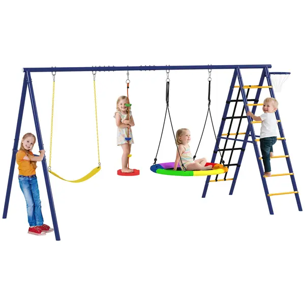 AIYAPLAY Set Leagăn de Grădină 6 în 1 pentru Copii 3-8 Ani, 350x183x200 cm, Multicolor | Aosom Romania