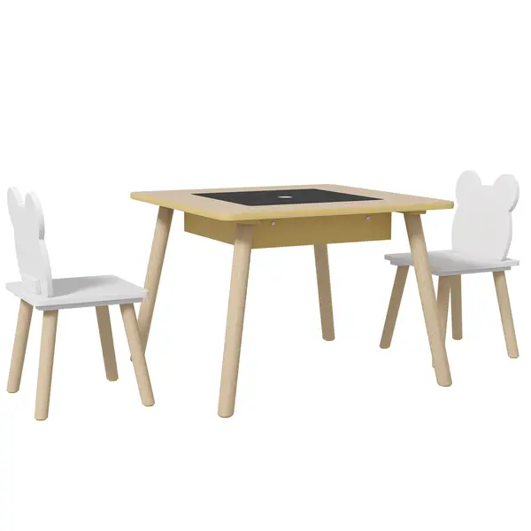 AIYAPLAY Set Masă și 2 Scaune pentru Copii 3-6 ani, cu Tablă de Scris și Loc de Depozitare, 60x60x44 cm, Lemn Natural | Aosom Romania