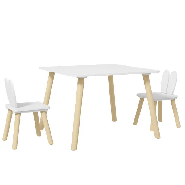 AIYAPLAY Set Masă și 2 Scaune pentru Copii 3-6 ani, Masă și Scaune cu Spătar în Formă de Urechi, 60x60x44 cm, Alb | Aosom Romania