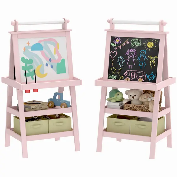 AIYAPLAY Tablă de Desen Dublă Pentru Copii 3-6 Ani, 59x48x118 cm, Roz | Aosom Romania