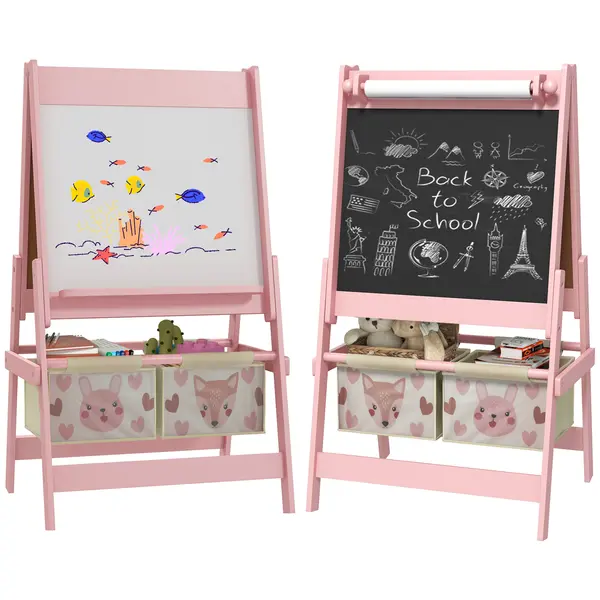 AIYAPLAY Tablă de Scris 3 În-1 pentru Copii 3-8 Ani din Lemn, 54x46,5x93 cm, Roz | Aosom Romania