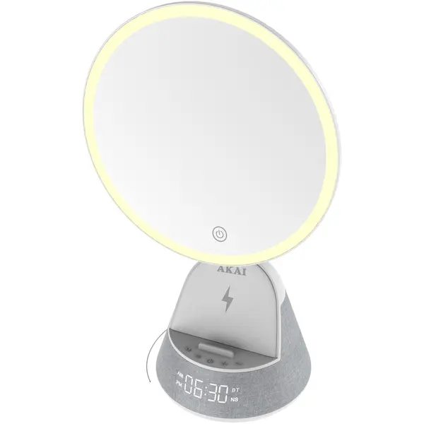 Akai Radio ceas AKAI ACRW-4000M,alarma, Oglinda cosmetica LED, Incarcator wireless 15W, Boxa Bluetooth, Radio FM, Gri