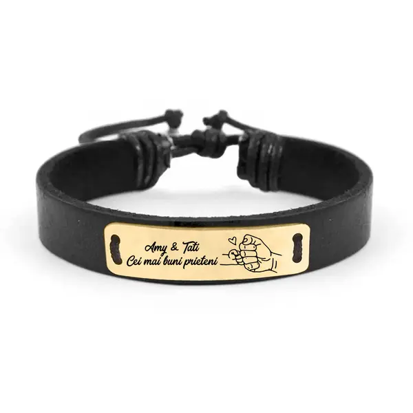 Alan - Bratara personalizata cu piele si tablita pentru tata din argint 925 placat cu aur galben 24K
