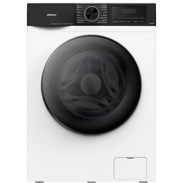 Albalux Masina de spalat rufe Albalux AXEWI1486, 8 kg, 16 programe, 1400 rotatii, Clasa energetica A, Display led, Spalare cu abur, Motor inverter, Alb