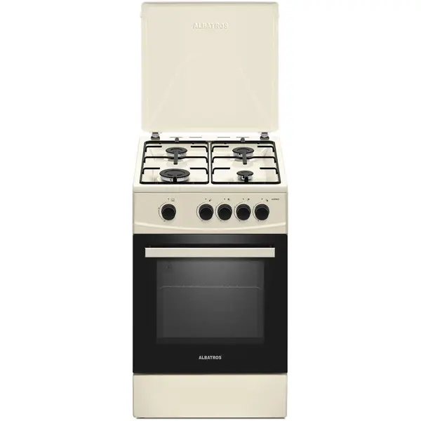 Albatros Aragaz pe gaz AL452BCS, 4 arzatoare, cuptor pe gaz 52 litri, dispozitiv siguranta plita si cuptor, geam dublu la cuptor, capac metalic, latime 50 cm, bej