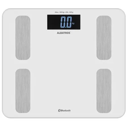 Albatros Cantar de baie cu analizator corporal Albatros SMART FIT, Conectare prin aplicatia Tuya Smart, Greutate maxima 180 kg, Diviziune de 100g, Masoara greutatea, procentaj grasime corporala, masa osoasa, cantitate apa din corp, masa musculara, Kcal,