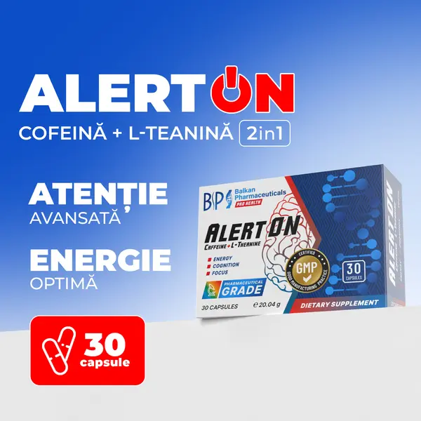 AlertON, Pastile pentru Concentrare și Memorie, Cafeină și L-Teanină, 30 Capsule