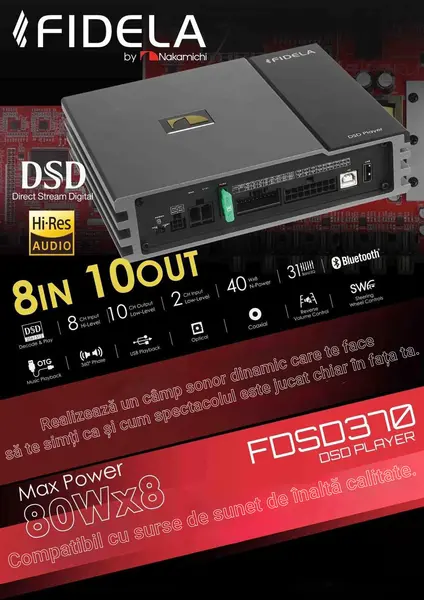 Amplificator cu DSP si DSD player Nakamichi FDSD370 8x40 watts rms in 4 ohmi, DSD player 256512, 10 canale, fibra optica, coaxial, usb, bluetooth 5.3