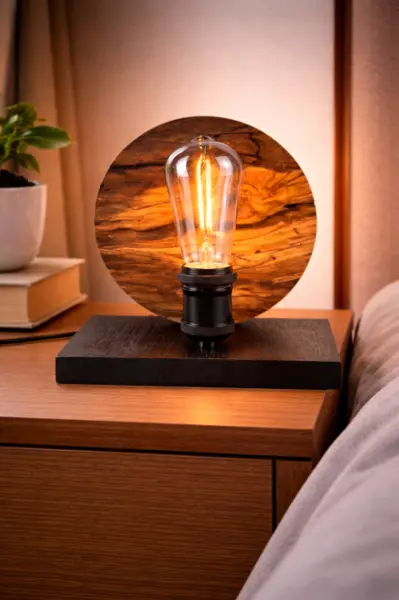 Amurg , lampa din maslin masiv cu disc flacari bec Edison, baza stejar inchis, handmade