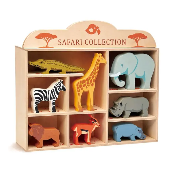 Animalute din savana pe raft, Tender Leaf Toys, Set 8 piese din lemn