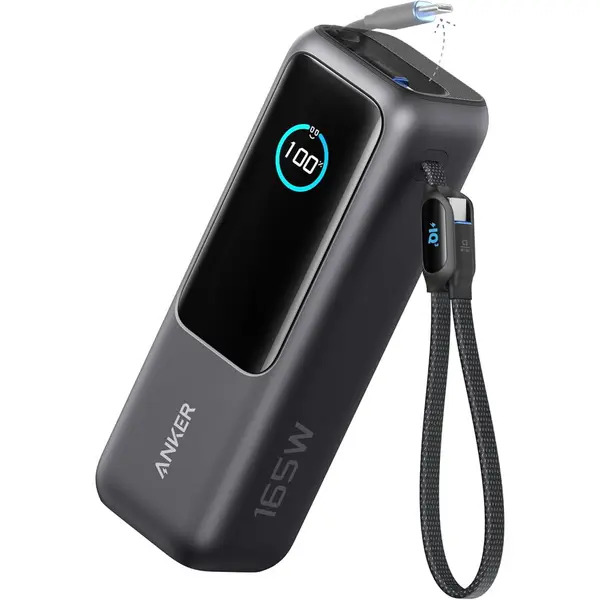 Anker Acumulator extern Anker 25.000 mAh, 165W, 100W USB-C, cablu USB-C retractabil Negru
