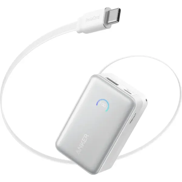 Anker Acumulator extern Anker Nano 10.000 mAh, 45W, cu cablu USB-C InstaCord retractabil, Alb