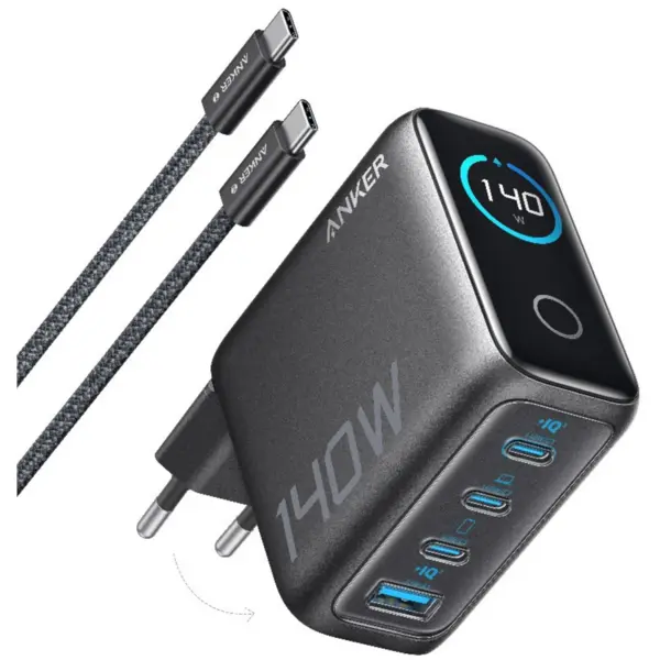 Anker Incarcator de retea Anker Zolo 140W, Digital Display, 3x USB-C, 1x USB-A, PD 3.1, cablu USB-C inclus, Negru