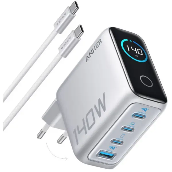 Anker Incarcator de retea Anker Zolo 140W, Digital Display, 3x USB-C, 1x USB-A, PD 3.1, cablu USB-C inclus, Argintiu