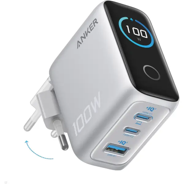 Anker Incarcator retea Anker 100W, 2x USB-C, 1x USB-A, Smart-Display, Argintiu