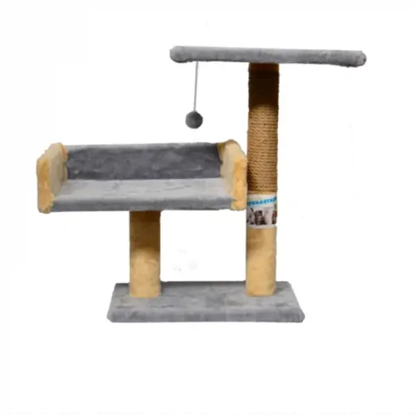 Ansamblu de joaca pentru pisici tip coloana cu canapea dubla si ciucure culoare bej cu gri 50 x 38 x 30 cm