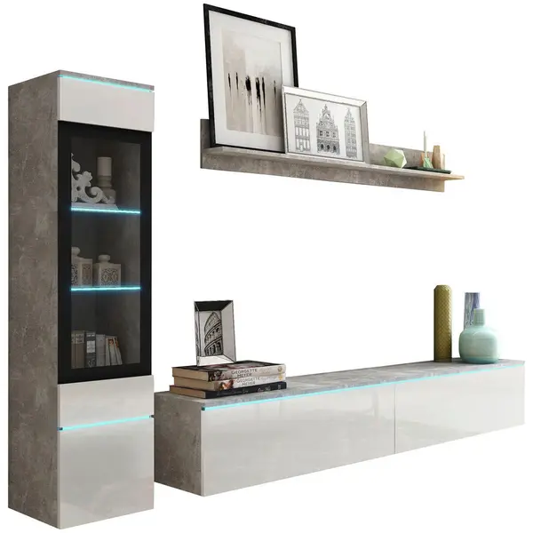 Ansamblu Mobilier Camera De Z, 3 piese, gri, alb lucios intens, 210/130/33 cm
