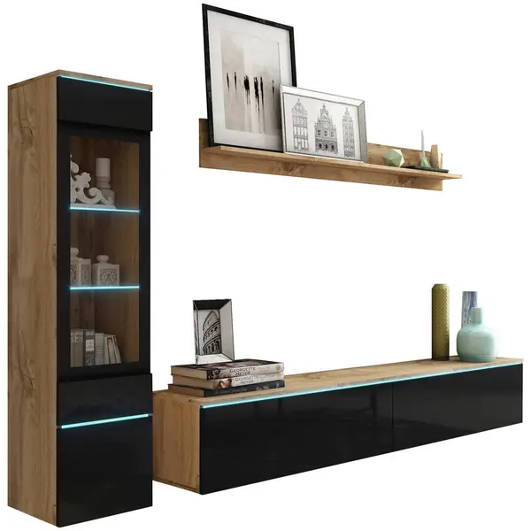 Ansamblu Mobilier Camera De Z, 3 piese, stejar Wotan, negru lucios intens,