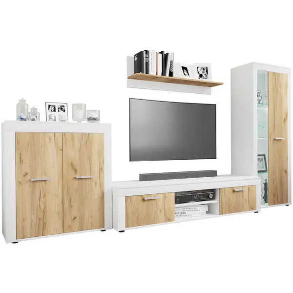 Ansamblu Mobilier Camera De Z, 4 piese, alb, stejar miere, 300/159/37 cm