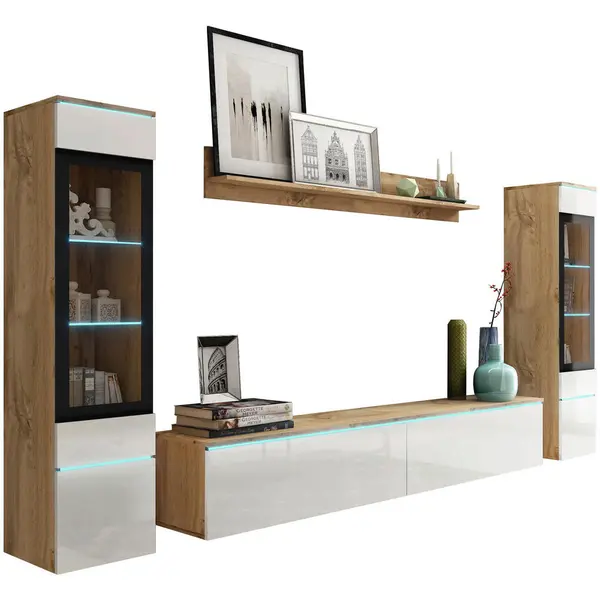 Ansamblu Mobilier Camera De Z, 4 piese, stejar Wotan, alb lucios intens, 240/130/33 cm
