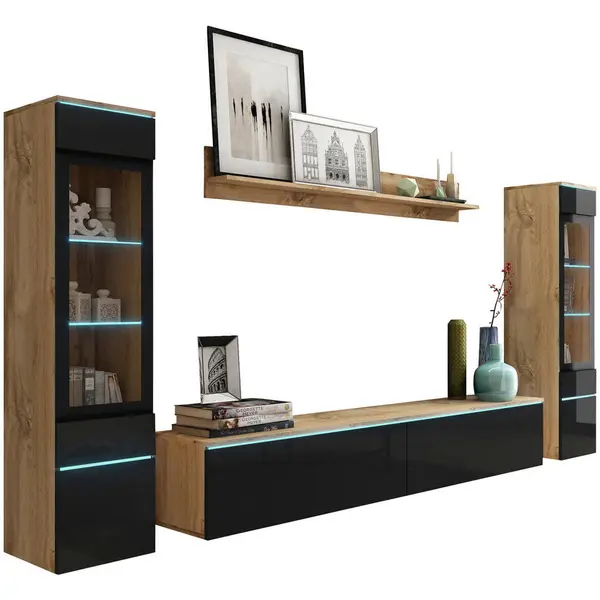 Ansamblu Mobilier Camera De Z, 4 piese, stejar Wotan, negru lucios intens, 240/130/33 cm