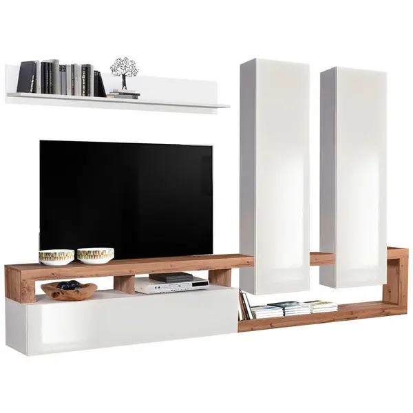 Ansamblu Mobilier Camera De Z, stejar Wotan, alb lucios intens, 277/173/35 cm