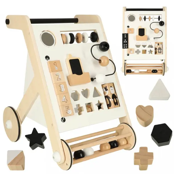 Antepremergator pentru copii, Ikonka, din Lemn, cu elemente interactive, sortator de forme, abac, labirint cu bile, placi numerice, oglinda si blocuri rotative, dimensiune 32 x 49 x 34 cm