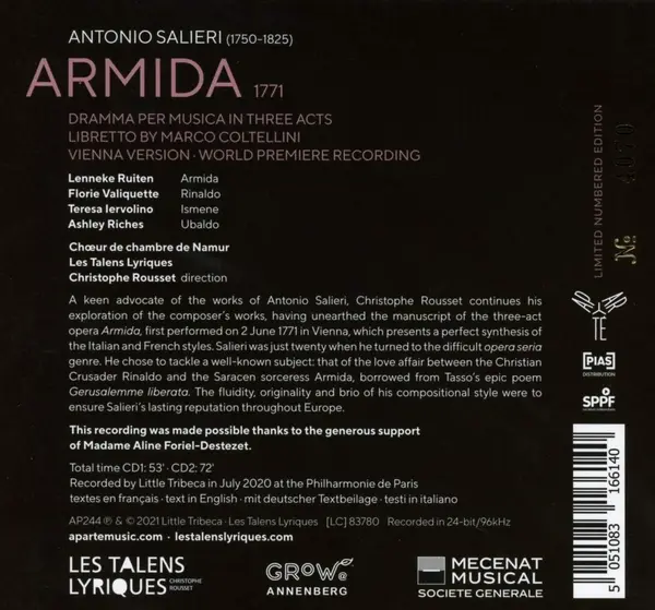Antonio Salieri: Armida | Les Talens Lyriques, Christophe Rousset, Lenneke Ruiten, Florie Valiquette, Choeur de Chambre de Namur