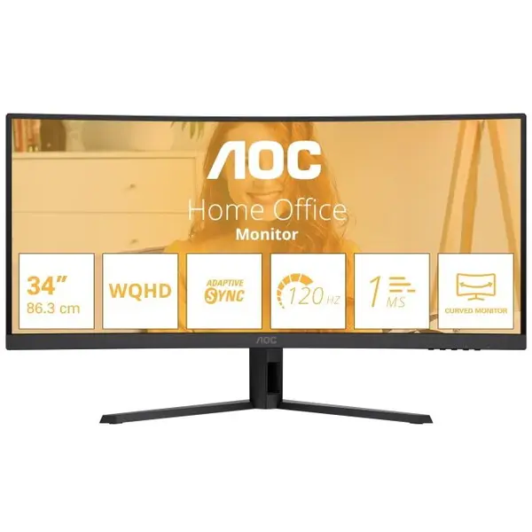 AOC Monitor AOC 34 CU34B3E, Curbat 1500R, 34, 86 cm, Aspect ratio: 21:9, Panel: VA, UWQHD 3440x1440, 120Hz, 4ms, timp raspuns MPRT 1ms, Brightness (max): 300 cd/m², Contrast (static), HDMI: x1, DisplayPort: x1, AUX: x1 3.5mm Audio OUT, Negru