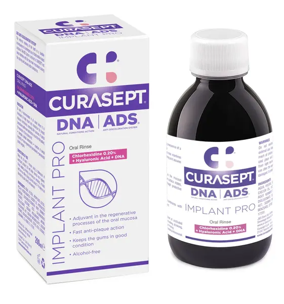 Apa de Gura, Curasept, ADS Implant Pro, Clorhexidina 0.20%, pentru Regenerarea Mucoasei Bucale, cu Acid Hialuronic, fara Alcool, 200ml