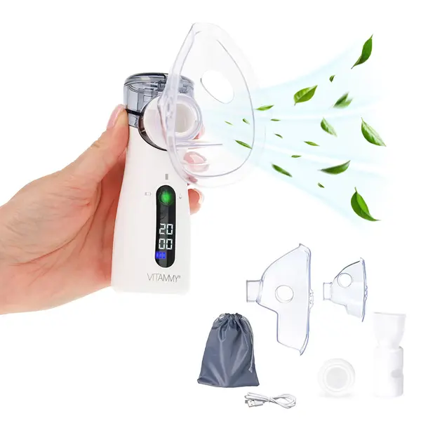 Aparat aerosoli cu tehnologie mesh Vitammy eMESH, afisaj digital, cronometru timp inhalare, functie de autocuratare, incarcare USB-C, masca pentru copii si adulti, mustiuc, saculet pentru transport